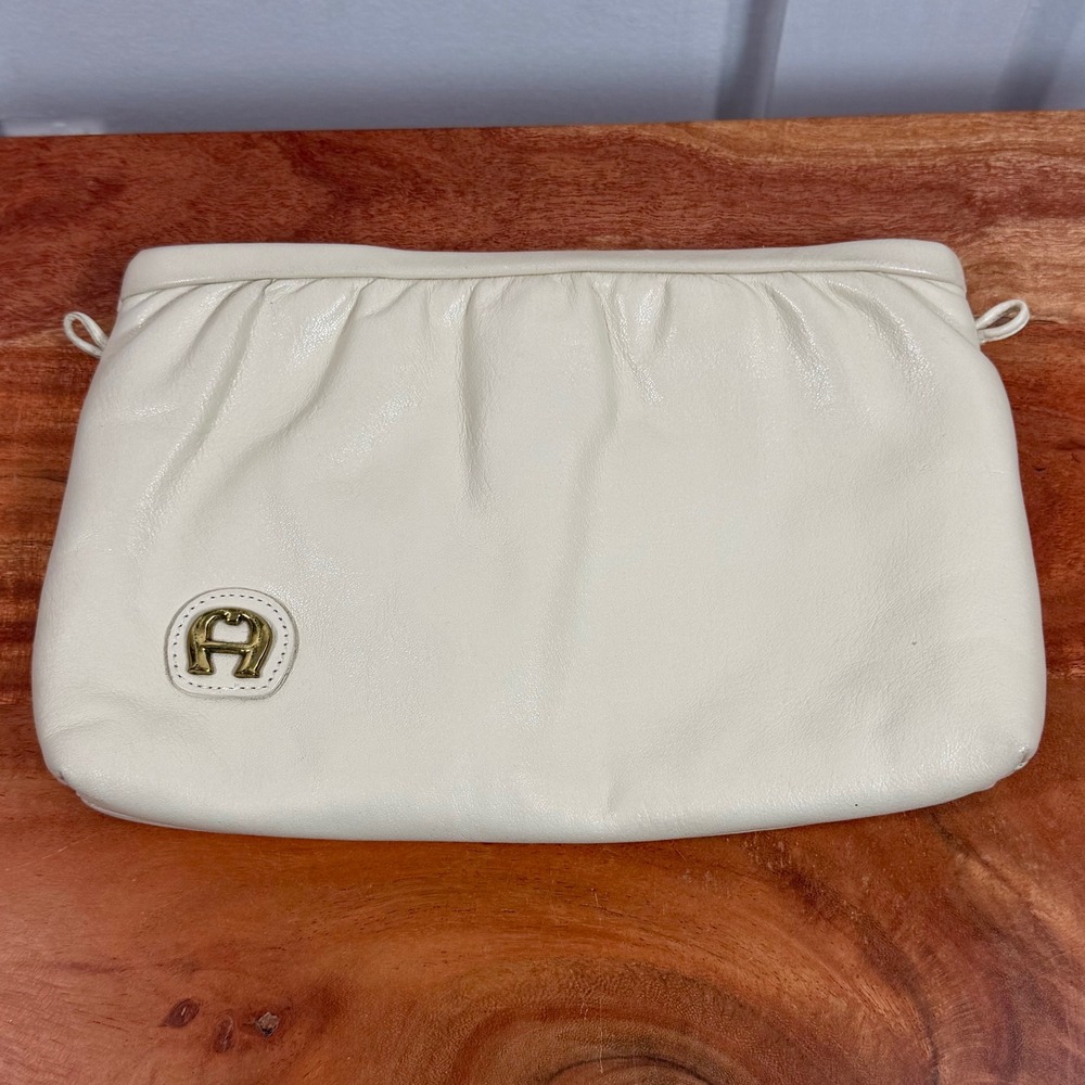 Etienne Aigner Vintage Cream White Leather Gathered Clutch Bag Brass Logo